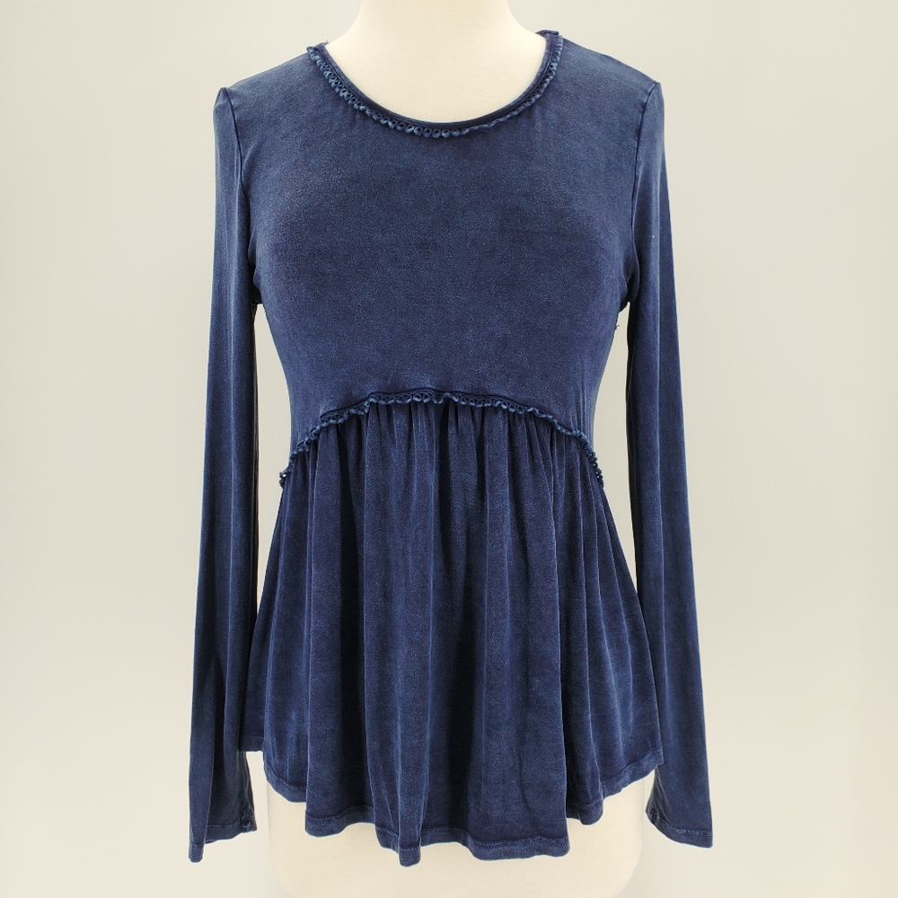 Alya Blue LS Babydoll Scalloped Trim Top Small